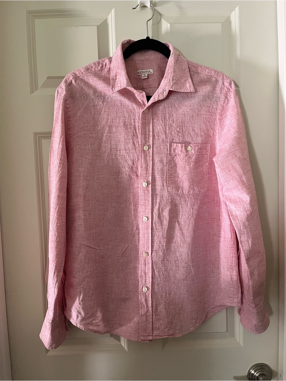 Men’s Merona Linen Blend Long Sleeve Button Down Shirt Pink Red Salmon M